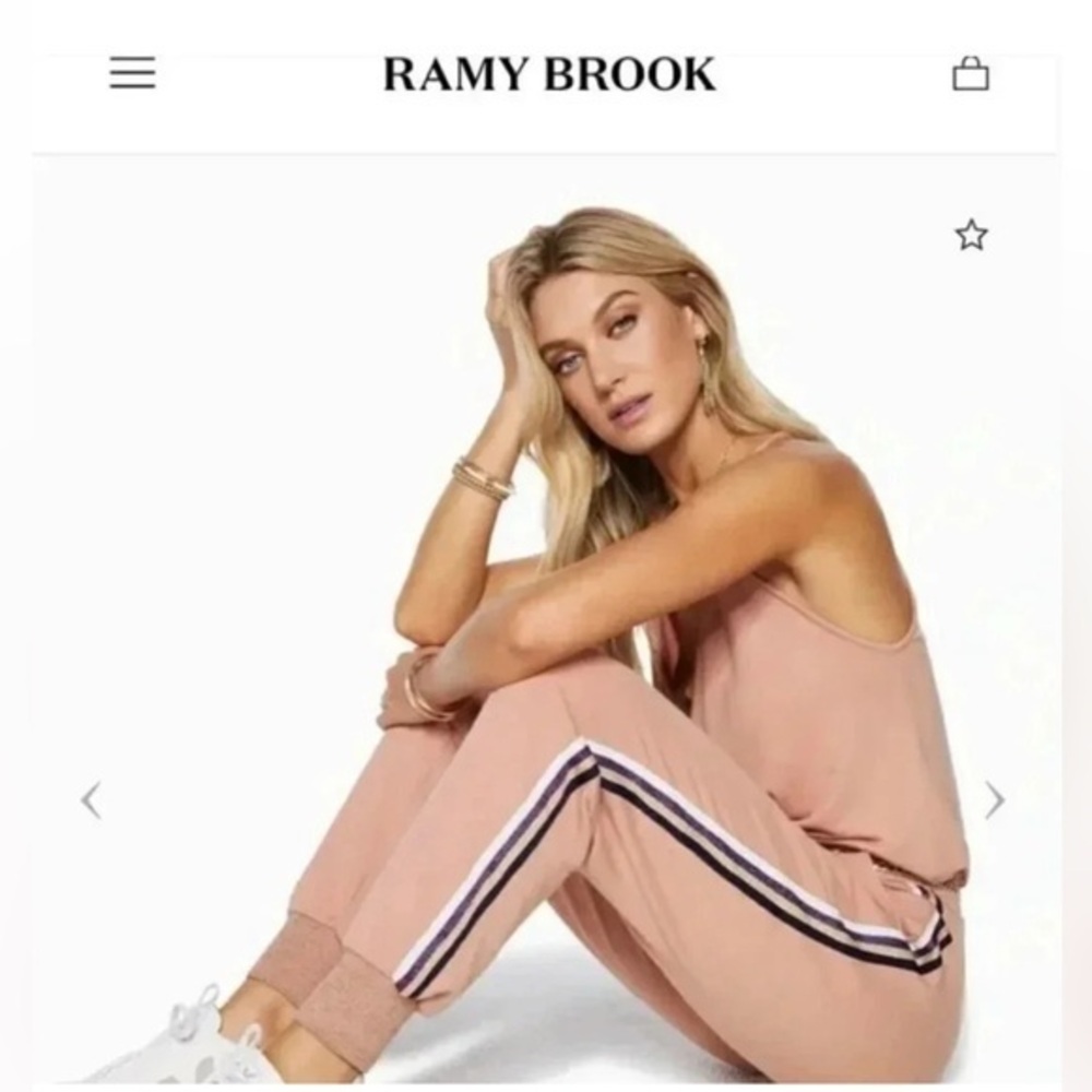 NWT Ramy Brook Maddie Jumpsuit M Caramel 3 Side Race Stripes  Metallic Rose Gold
